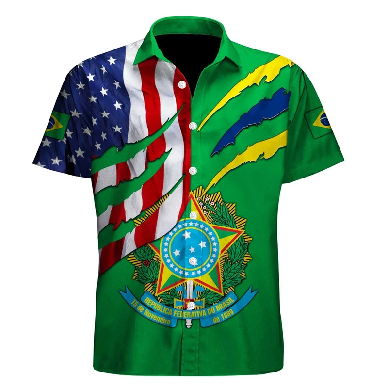 Brazil Flag 3D Printed Shirts For Men Clothes Casual Brazilian National Emblem Graphic Short Sleeve Hawaii Sports Lapel Blouse