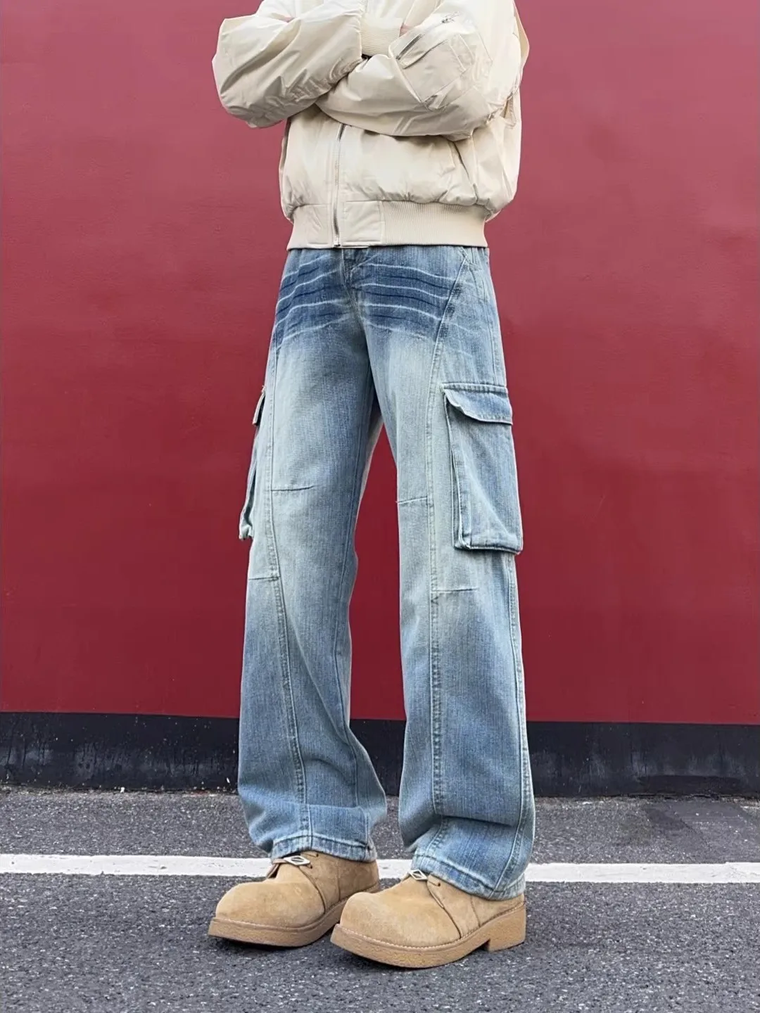 

Blue Lightning Pattern Workwear Jeans Men's Graduated Washed Flared Straight Leg American High Street Wide Leg Pants