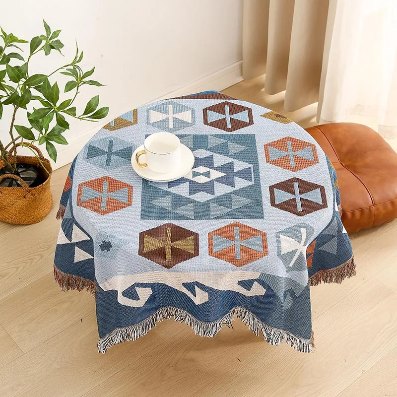 Bohemian Double-sided Pink Geometric Woven Table Cloth Tablecover Spread Sofa Chair Tapestry Bedspread Fringed Throwing Blanket