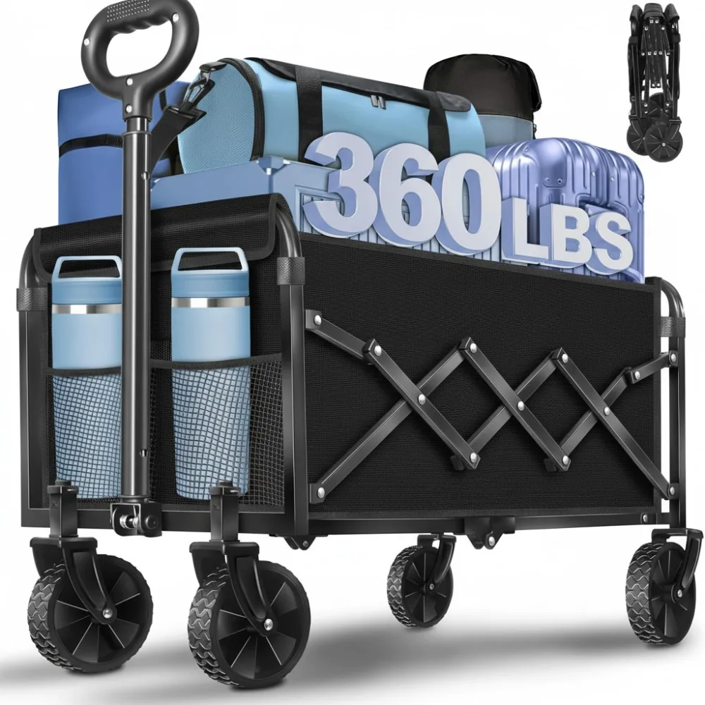 

Foldable Utility Wagon Cart 360LBS Heavy Duty All Terrain Adjustable Handle Portable for Camping Beach Shopping