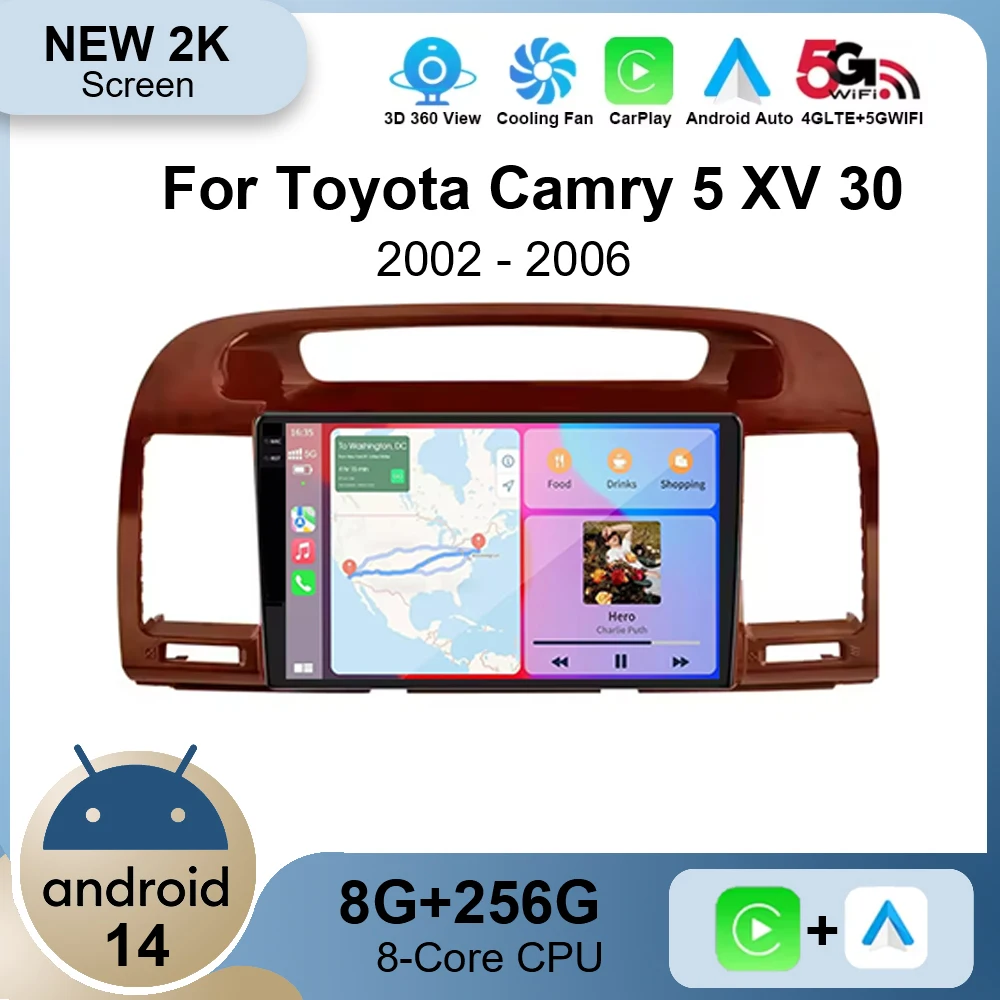 Android 14 Car Radio  For Toyota Camry 5 XV 30 2001 2002 2003 2004 2005 2006 Multimedia Player Wireless Carplay Android auto