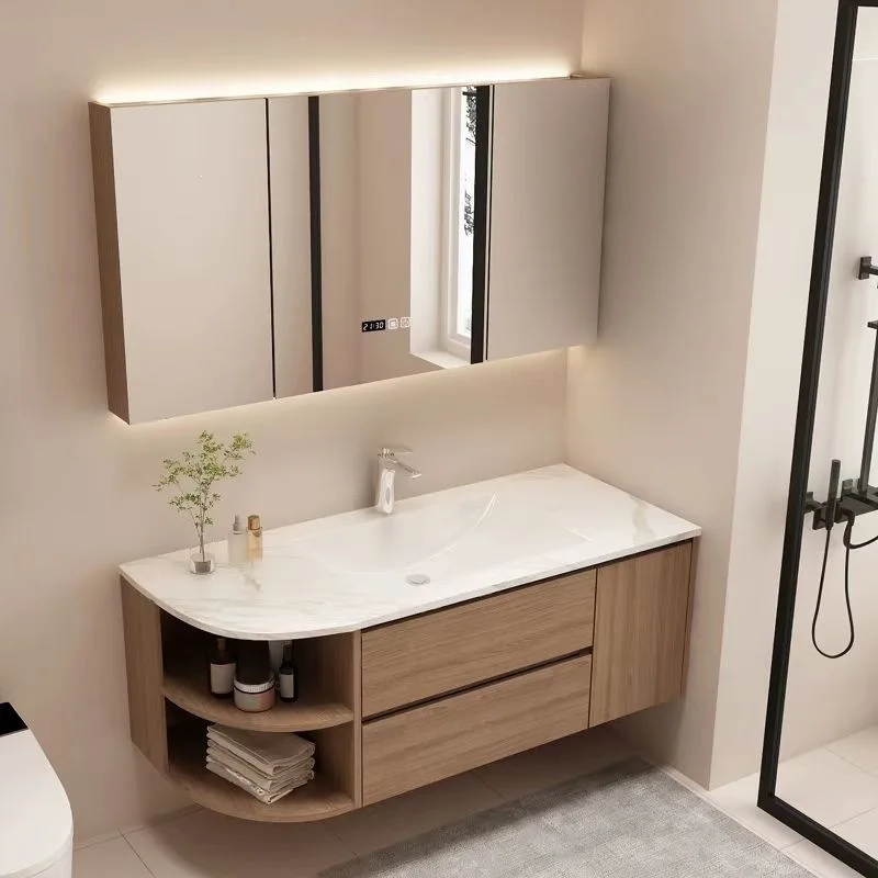 Light luxury arc hot bending rock slab integrated corner cutting bathroom cabinet special-shaped simple bathroom wall-mounted