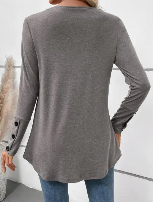 

Autumn Casual V-Neck Solid Color Long Sleeved Women's T-Shirt Solid Color Women's Button Decoration Loose Long Sleeved T-Shirt