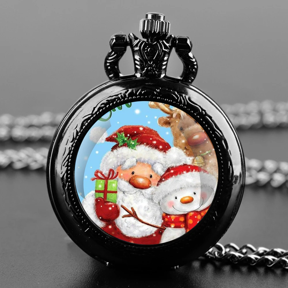 Christmas Santa Snowman Glass Dome Quartz Pocket Watch With Durable Chain Arabic Numeral Dial Extraordinary Gifts for Men Kids