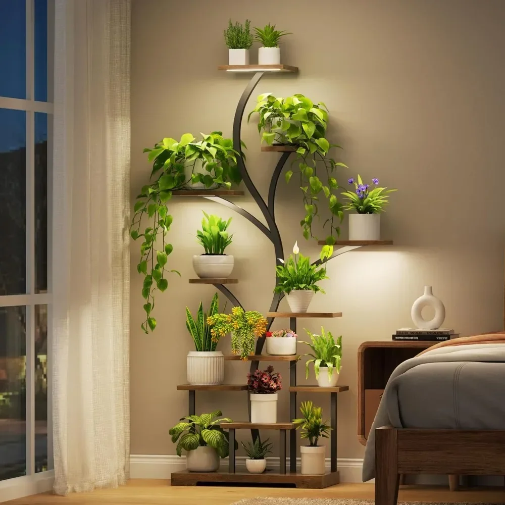 

63 Inch 11-Tier Metal Plant Stand , Tall Indoor Plant Shelf & Corner Flower Display Rack for 15-18 Pots, with LED Grow Lights