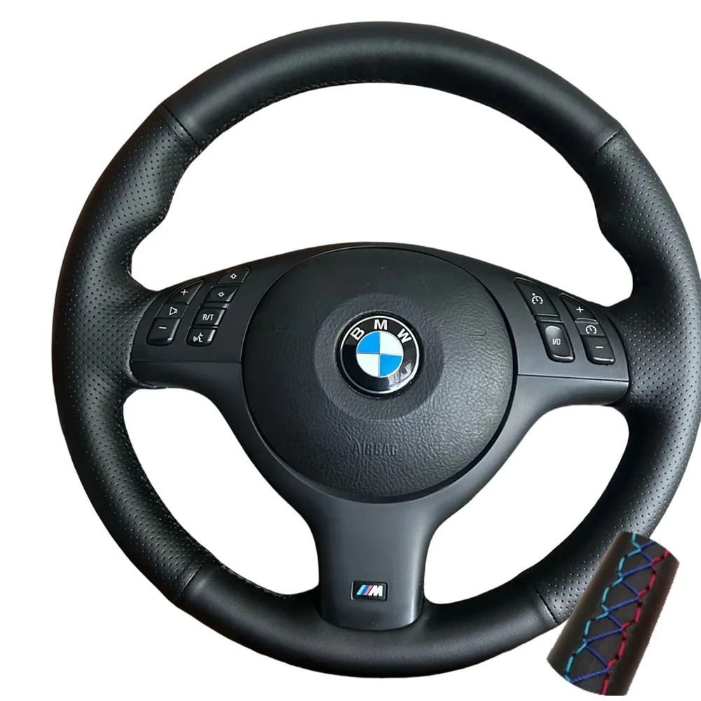 Kundenspezifische handgenähte Mikrofaser-Leder-Lenkradabdeckung für BMW E46 E39 330i 540i 525i 530i 330Ci M3 2001–2014