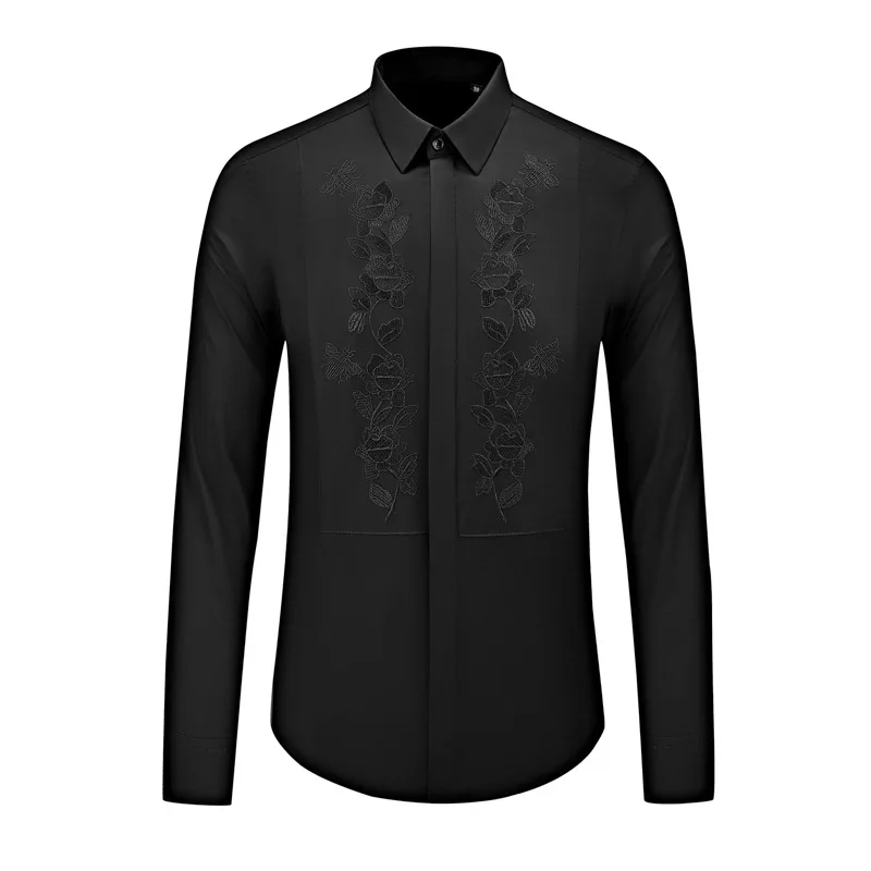 2025 Lotus Embroidery Men's Long Sleeved Shirt High Quality Casual Business Social Shirts Slim Party Stage Performance Costumes