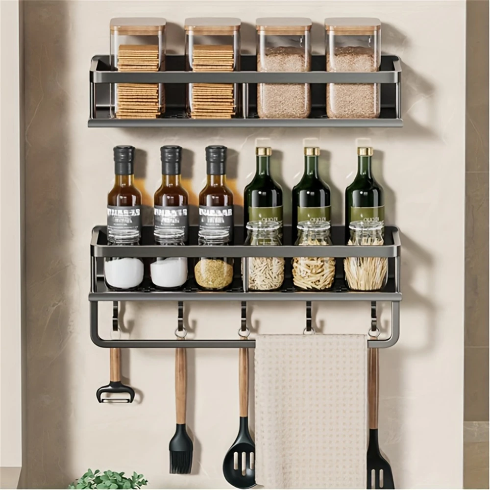 1 Multi-Functional Storage Rack With Rod Seasoning Rack Wall-Mounted Seasoning Storage Rack For Cooking Items