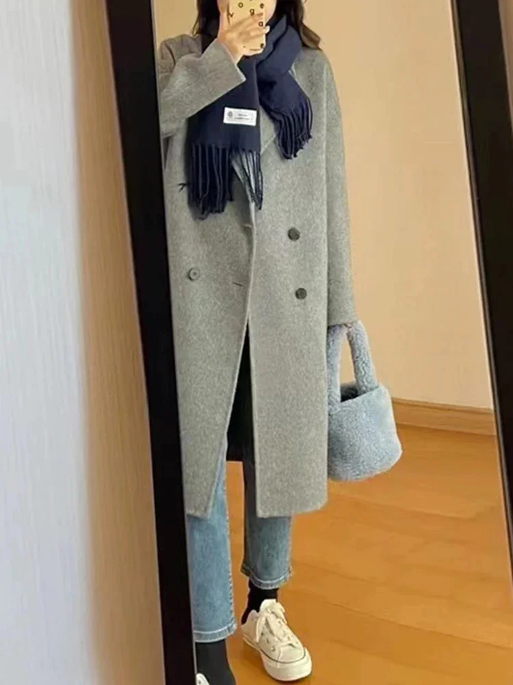 

Korean Style Long Wool Coat Women Notched Collar Double Breasted Solid Color Clothing Fashion 2025 Winter New 2AA3571