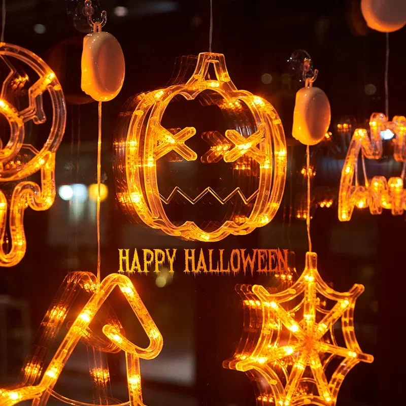 Decorazione a LED per Halloween Lampada a forma di zucca Ragno Pipistrello Fantasma Appeso Ventosa Decorazione per finestre in vetro per illuminazione natalizia per feste