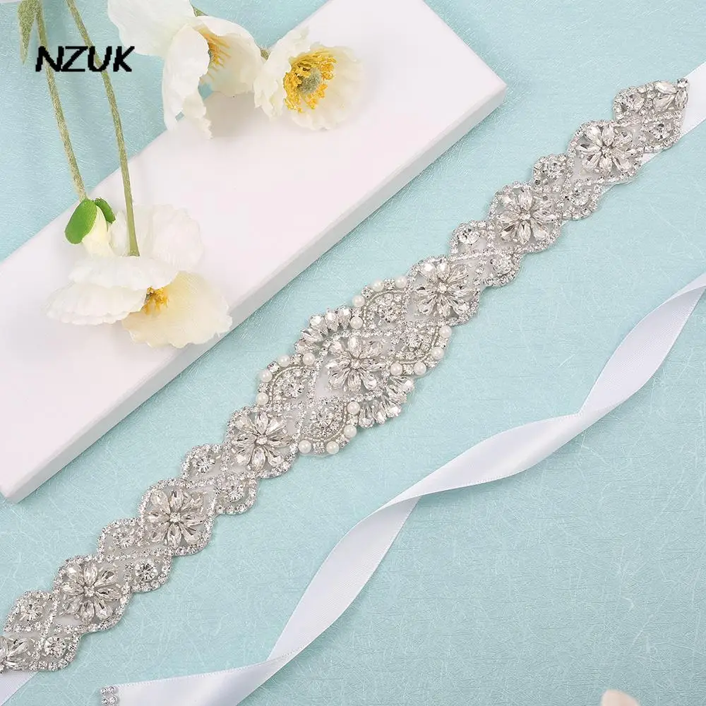 NZUK – ceinture de mariée en strass, faite à la main, accessoires pour robe de mariée, slim, perlée en argent