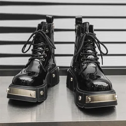 2024 New Men's Boots Black Patent Leather Platform Punk Style Fashion Rivet Metal Decoration Motorcycle Boots Male Shoes Zapatos