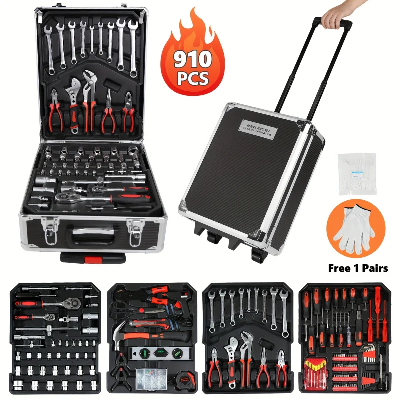 910-piece toolbox set with aluminum handle box for household tools, car repair tool kit, wheel repair tool set