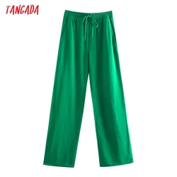 Tangada Fashion Women Green Casual Long Pants Trousers Vintage Style High Street Lady Pants Pantalon 5Z68