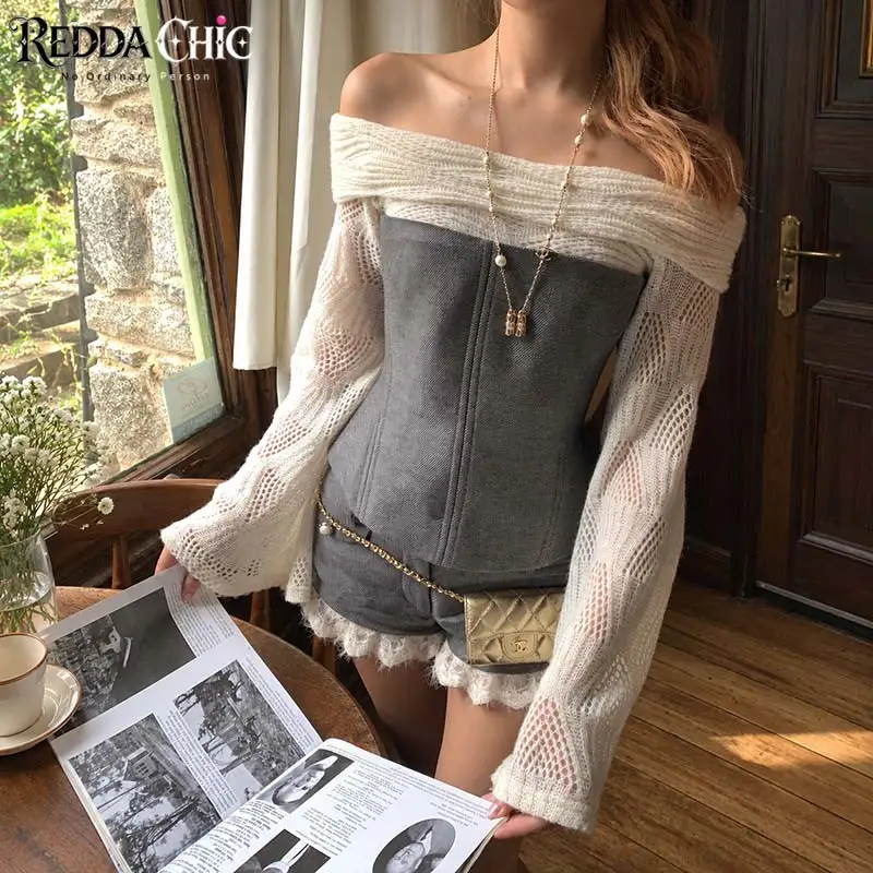 REDDACHiC Contrast Stitch Knit One Shoulder Top Short Matching Set Fall Flare Long Sleeve Top Laced Shorts Vintage Woman Clothes