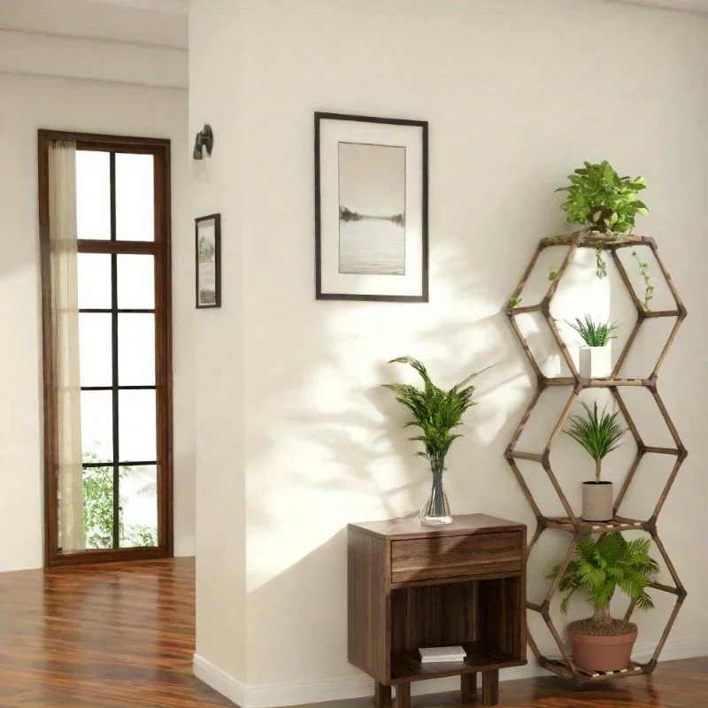 Indoor Hexagonal Plant Stand, Outdoor 6 Potted Ladder  Wooden PlantStand, Convertible Plant Pot Stands for Corner  Wall Shelf