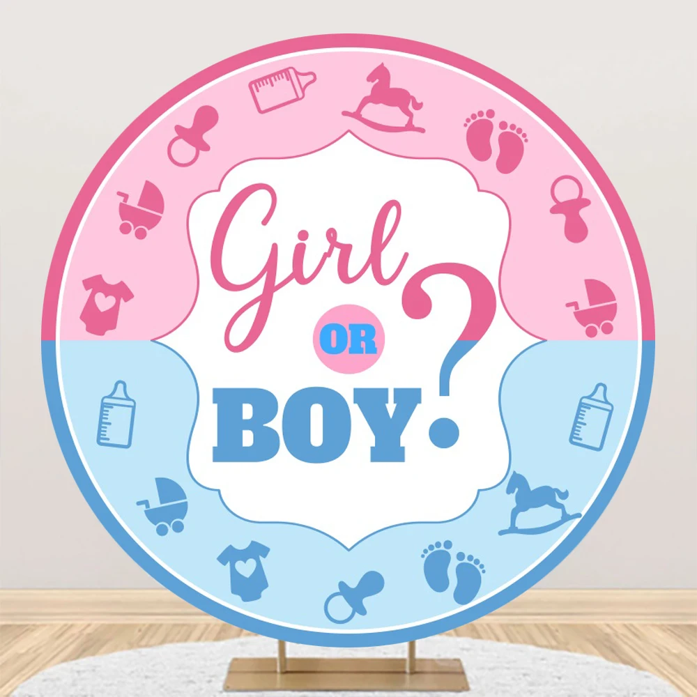 Laeacco Newborn Gender Reveal Round Backdrop Baby Shower Family Party Decor Boy or Girl Photographic Background Circle Backdrop