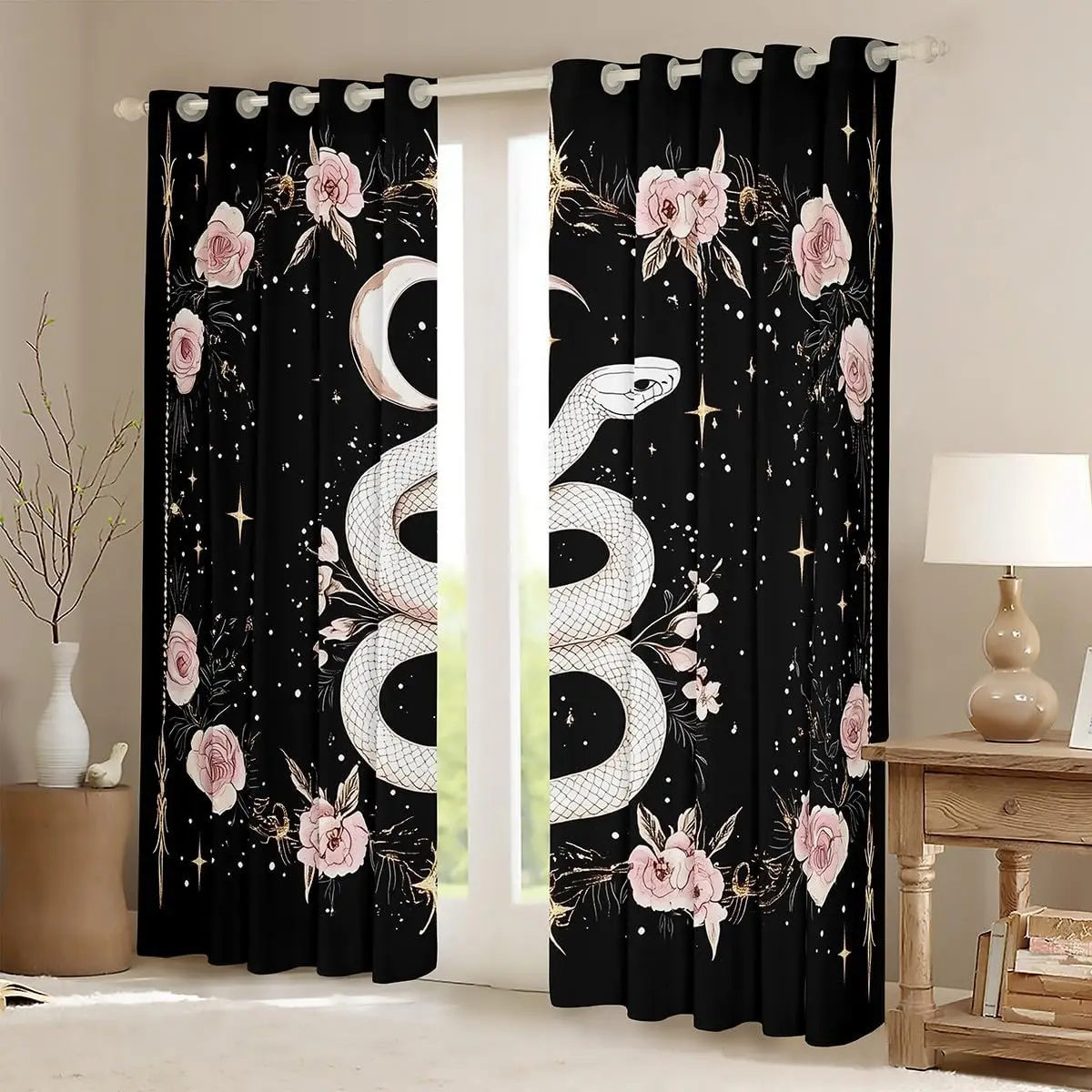 Luxury Gothic Rose Snake Print Black Background Curtain Boho Witchy Floral Polyester Window Drapes Mystical Occult Bedroom Home