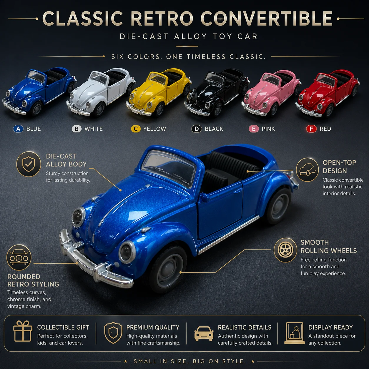1 Stück, im Beutel verpacktes, klassisches, im Vintage-Stil gehaltenes, aus Zinklegierung gefertigtes Automodell, Retro-Roadster, mit Rückziehfunktion, aufklappbare Seitentüren. – Detail 6