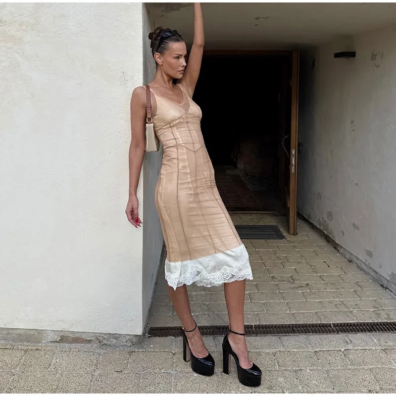 Sheer Mesh Overlay Spaghetti Strap Midi Dress Set Waist Cinched Sleeveless 2026 Summer Women Accessories Classy Lady Outfit