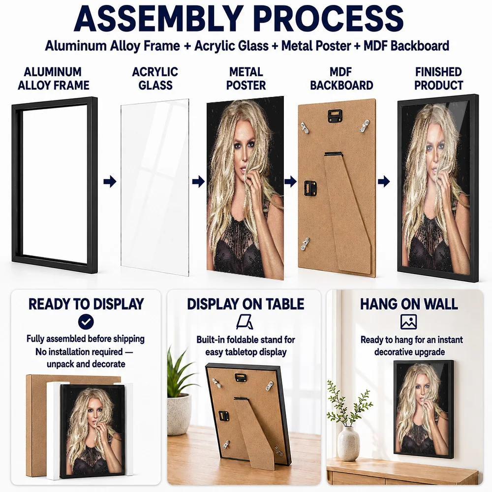 Britney Spears Portrait Framed Metal Print Customized Pop Icon Tribute Wall Art Created For Vinyl Collectors To Style Music Room