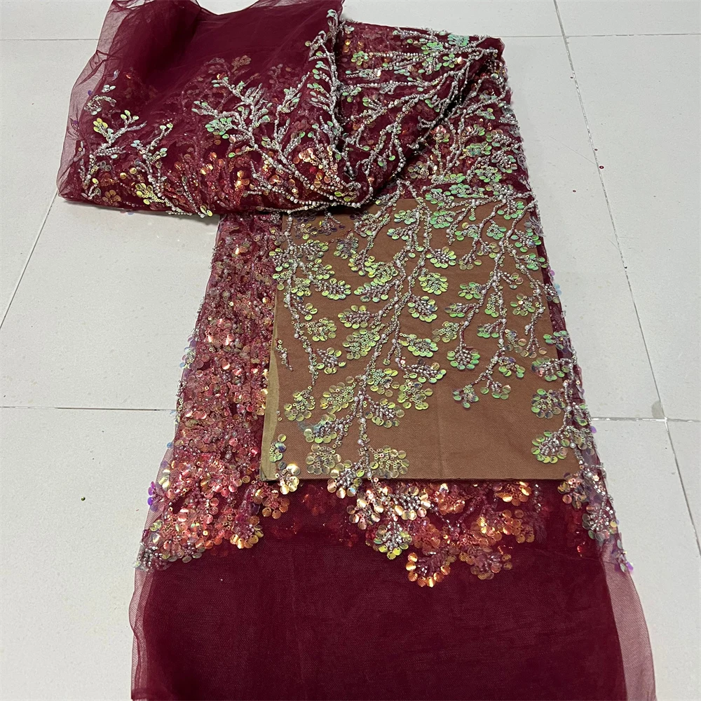 

2025 African Nigerian High-Quality Sequins Tulle Lace Fabric for Prom Dresses Net Cloth Beads Embroidery Sewing 5Yard ZJ084