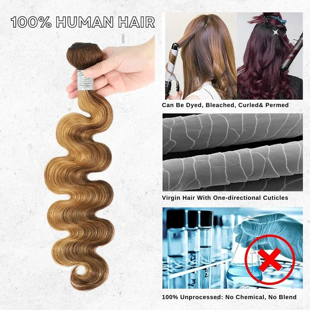 Extensiones de cabello humano 4/27, extensiones de cabello humano marrón Chocolate, mechones ondulados de cuerpo rubio miel, 12, 14, 16 pulgadas