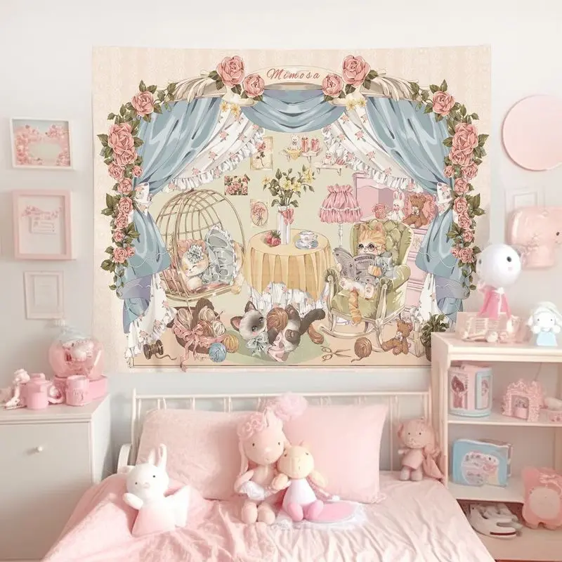 VIKAMA Blue Curtain Rose Cat Tapestry Wall Hanging Home Decor for Bedroom Living Room Dorm European Countryside Aesthetic