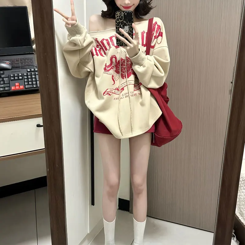 Autumn American Retro Letter Sweatshirts Skew Collar Women's Clothing Printed Stylish Bandage Off Shoulder Casual Loose Hoodies