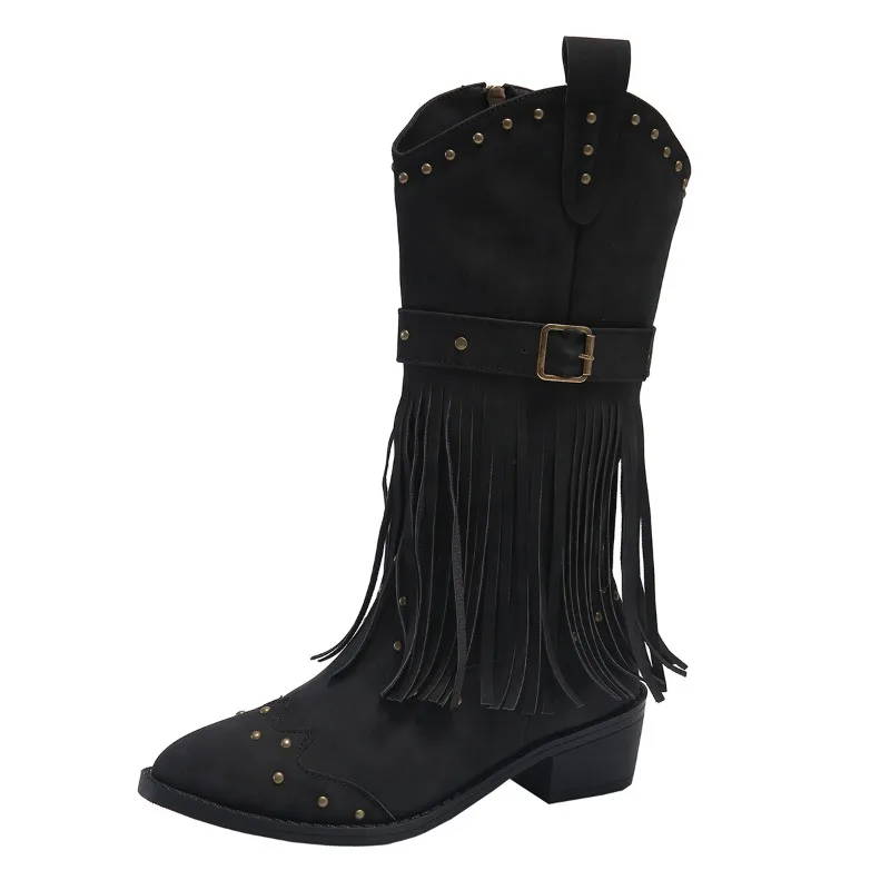 

Women's Retro Chunky Heeled Long Boots Rivet Belt Buckle Mid-calf Boots Woman Autumn Winter Tassel Knee High Boot Plus Size 42