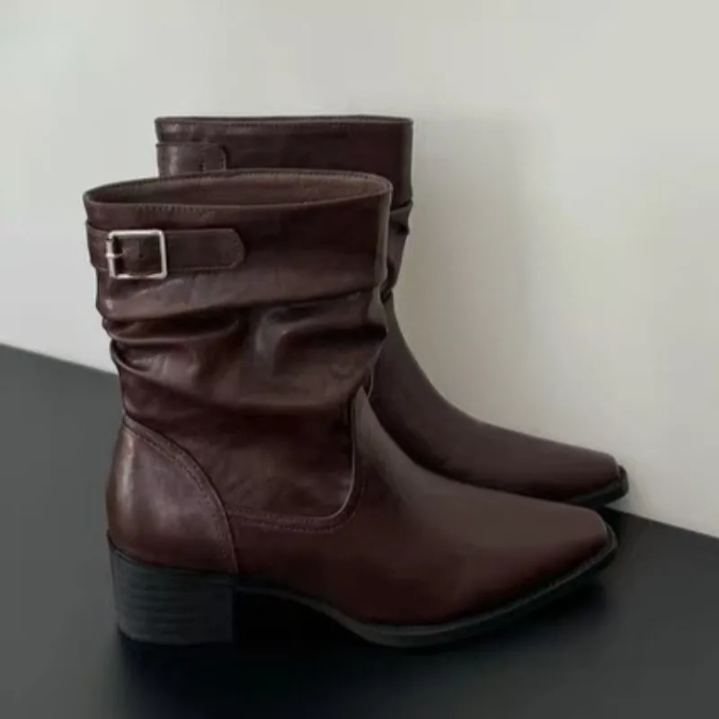

Mid Heels Fashion Women Short Boots 2025 Winter Designer Buckle Shoes Elegant Chunky Dress Pumps Party Pointed Toe Zapatos Mujer