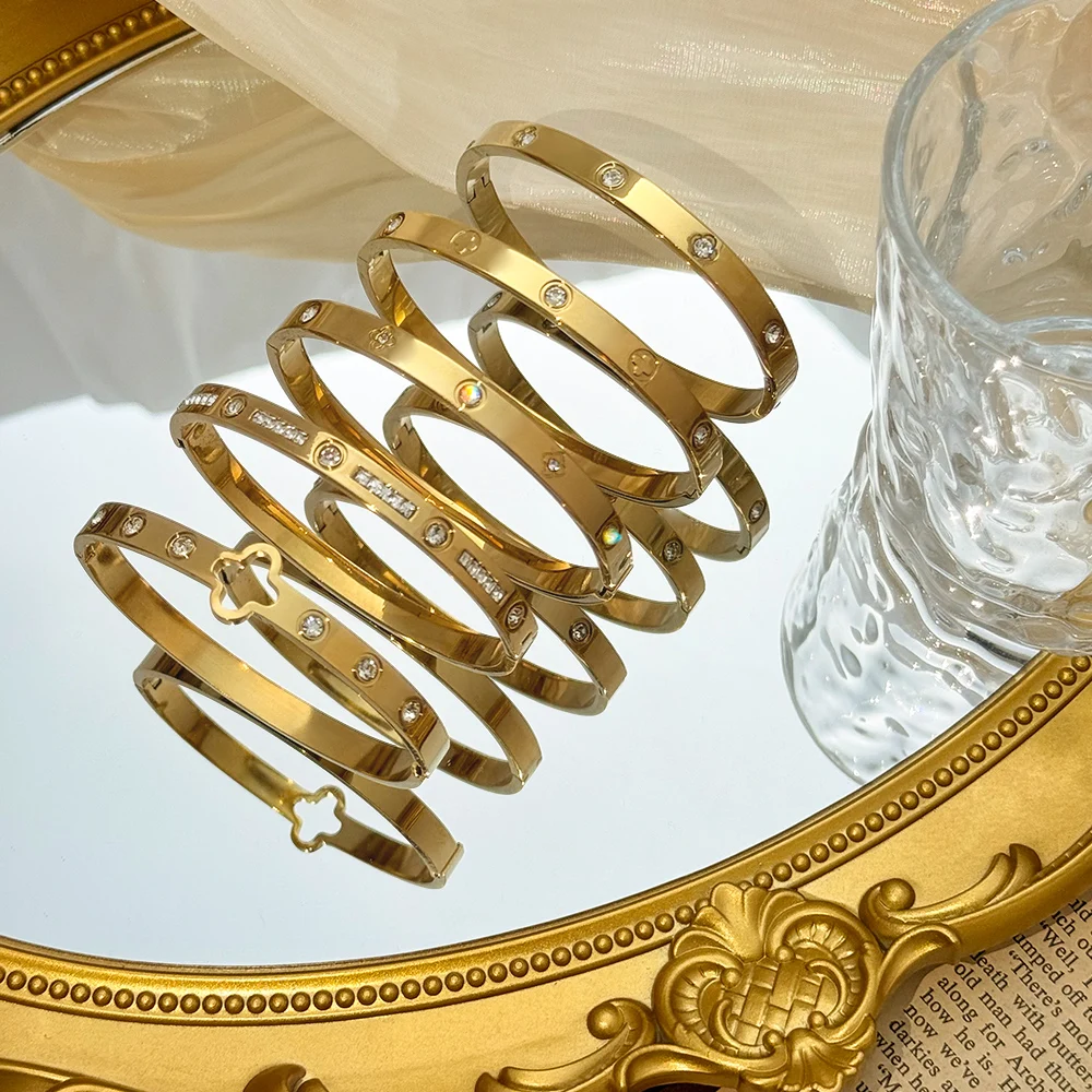 سوار ذهبي مرصع بالألماس من الفولاذ المقاوم للصدأ، سوار مجوف بأربع أوراق البرسيم، سوار ذهبي للسيدات من الفولاذ المقاوم للصدأ