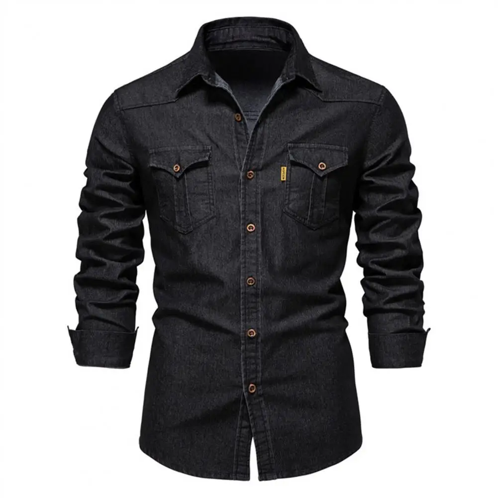 Men Denim Shirts Single Pocket Solid Color Casual Male Cowboy Shirts New Autumn Slim Quality Shirts for Men