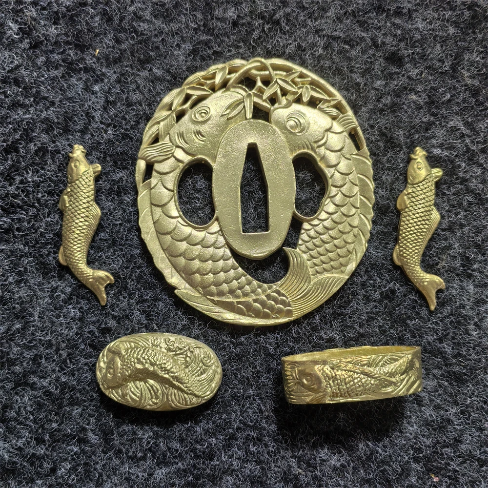 Copper Brass A Set Fish Tsuba Fuchi Kashira Menuki Fittings For Japanese Samurai Katana Wakizashi Sword Accessory - view 2