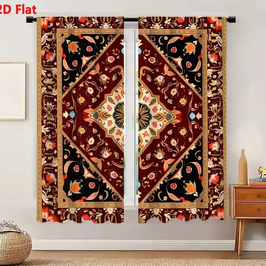 2Pcs Curtains Add 2D Flat Persian Ornate Rug Pattern With Diamond Medallion Burgundy Background Floral Motif And Arabesques Wind