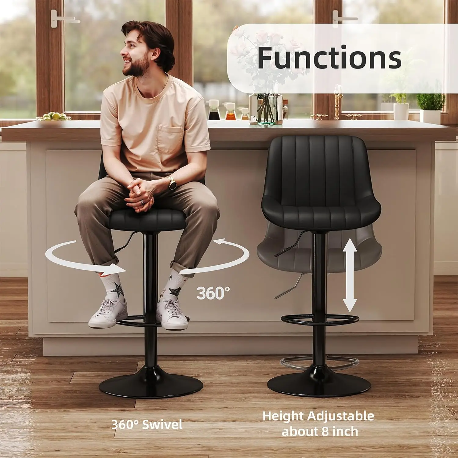 طقم مقاعد بار مكون من 3 قطع، ارتفاع دوار مع ظهر، جلد PU قابل للتعديل، مقعد جزيرة المطبخ الحديث، أسود