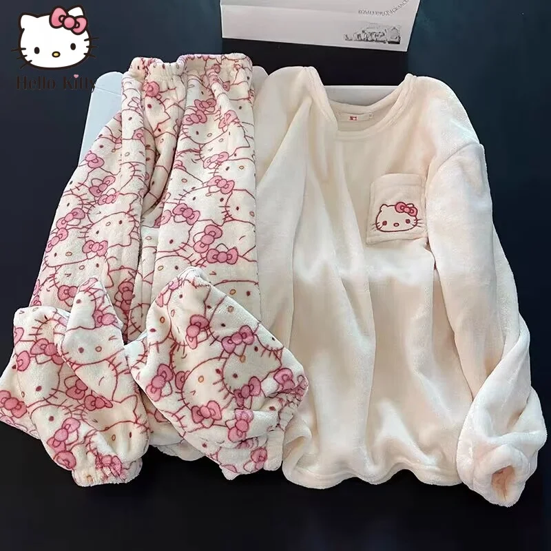 hot Sanrio Cartoon Japanese Hello Kitty Stuff Pajamas Female Flannel Winter The New Plus Thicken Velvet Sweet Keep Warm Pajamas