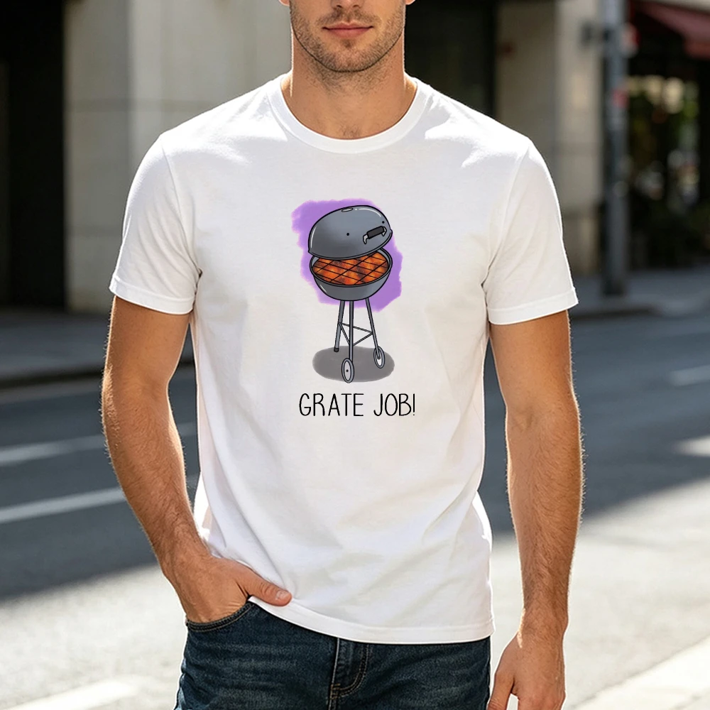 Grate Job BBQ Grill Pun Men T Shirt Cute Cartoon Barbecue Graphic Tee Clever Humor Gift For Grill Master Weekend Party