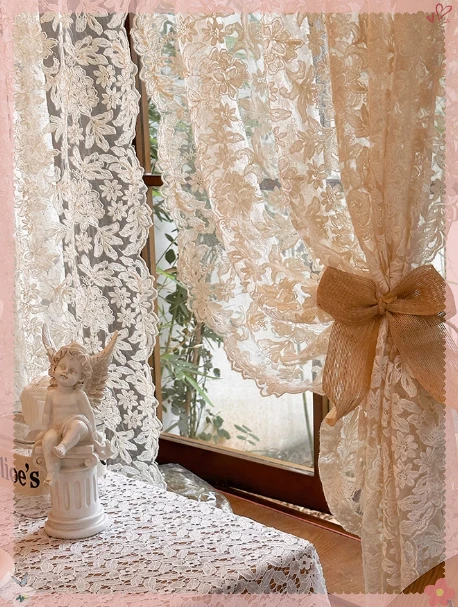 French Retro Palace Style Lace Embroidery Cream Gauze Curtain 1pc Beige Embroidered Translucent Curtain for Living Room Bedroom