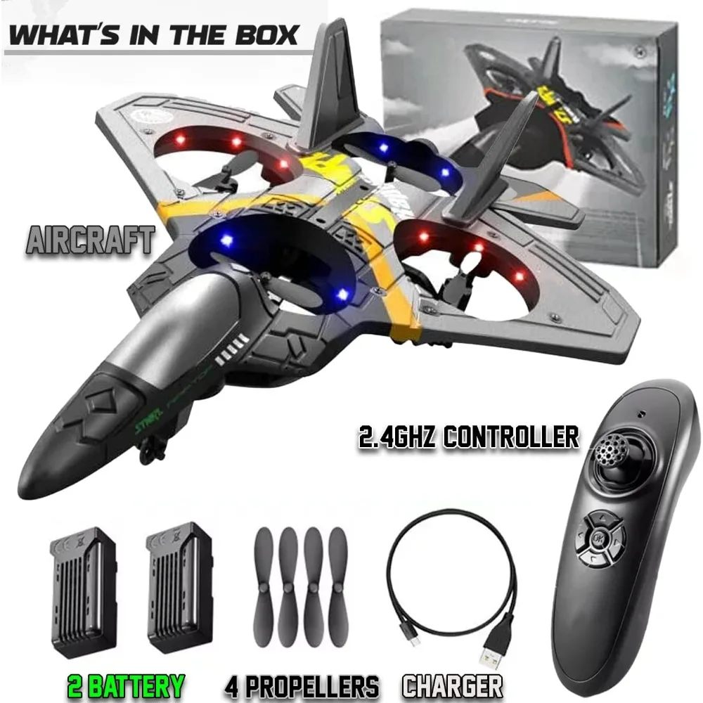 Jet de combate RC de 4 canales con baterías extra recargables y luces LED, alerta de batería baja