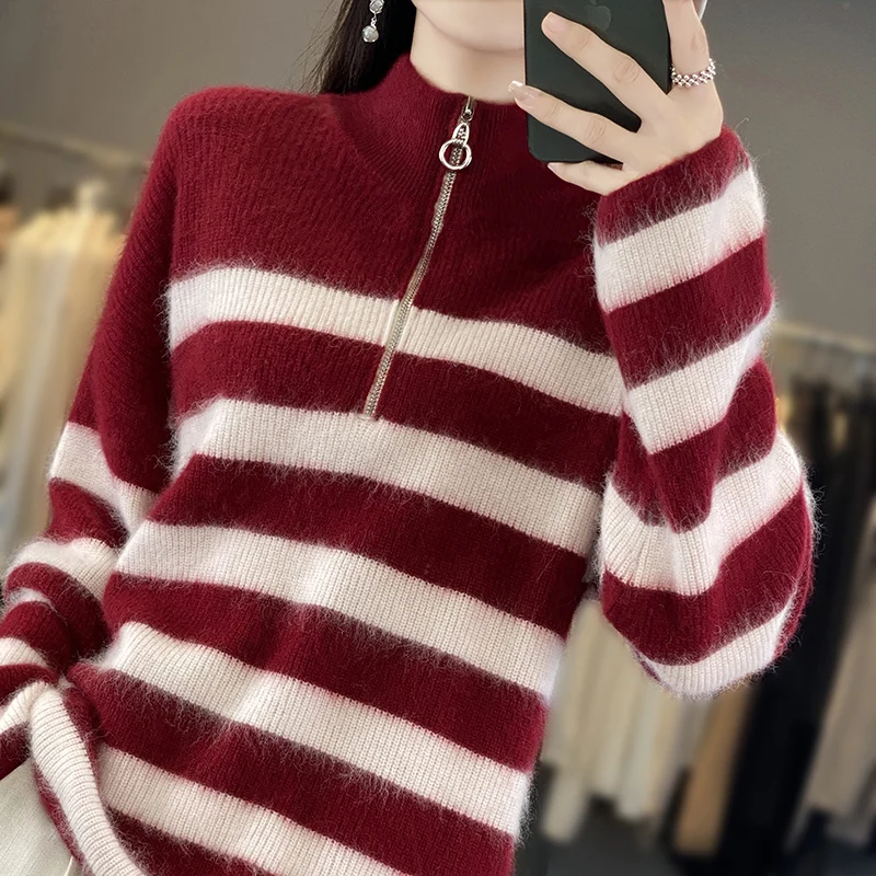 2023 Autumn Winter New Mink Fleece Sweater Women's Half High Collar Long Sleeve Pullover Loose Solid Color Zipper Style Knitwear