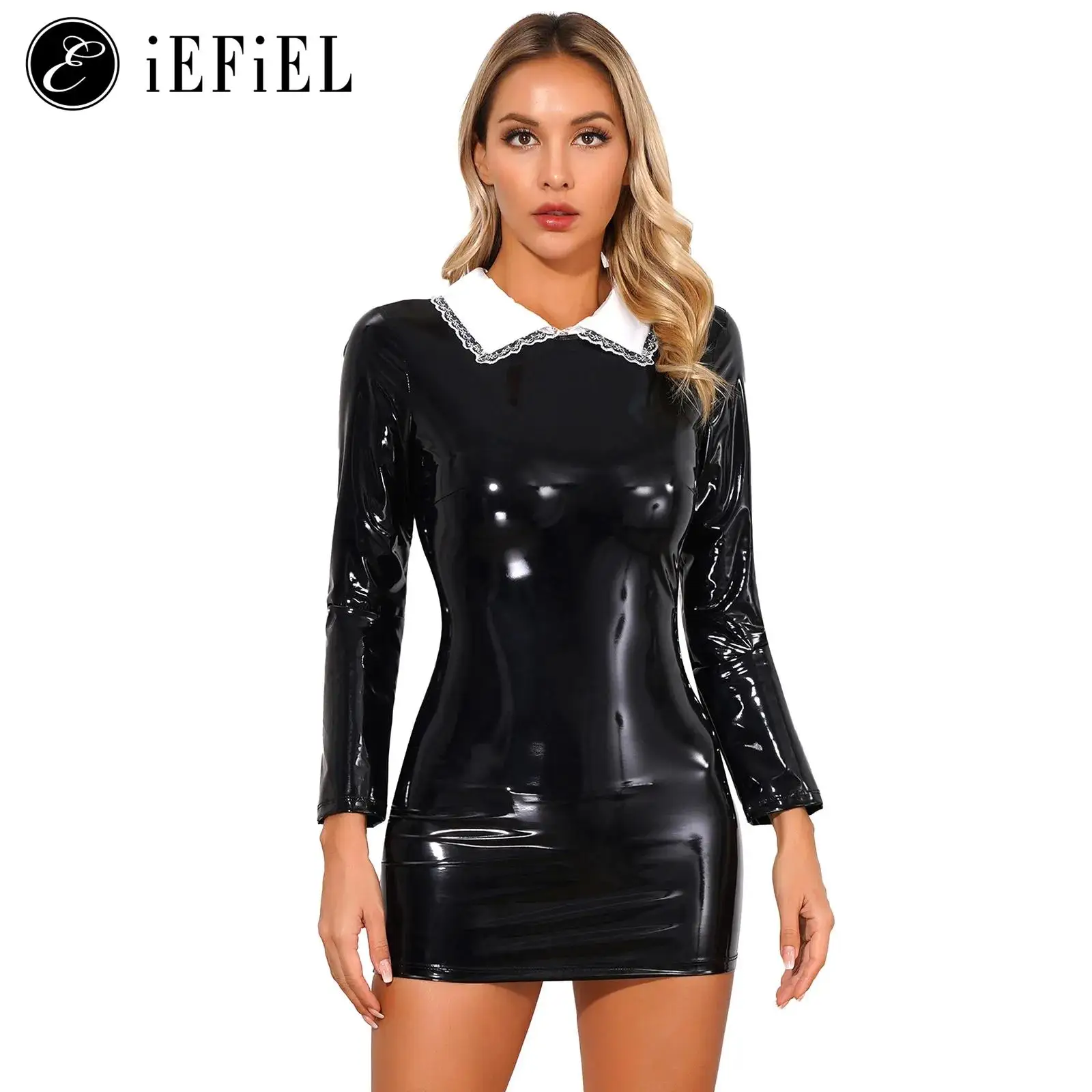 

Womens Glossy PVC Leather Long Sleeve Zipper Back Mini Dress Bodycon Night Club Party Raves Pole Dacing Costume Clubwear