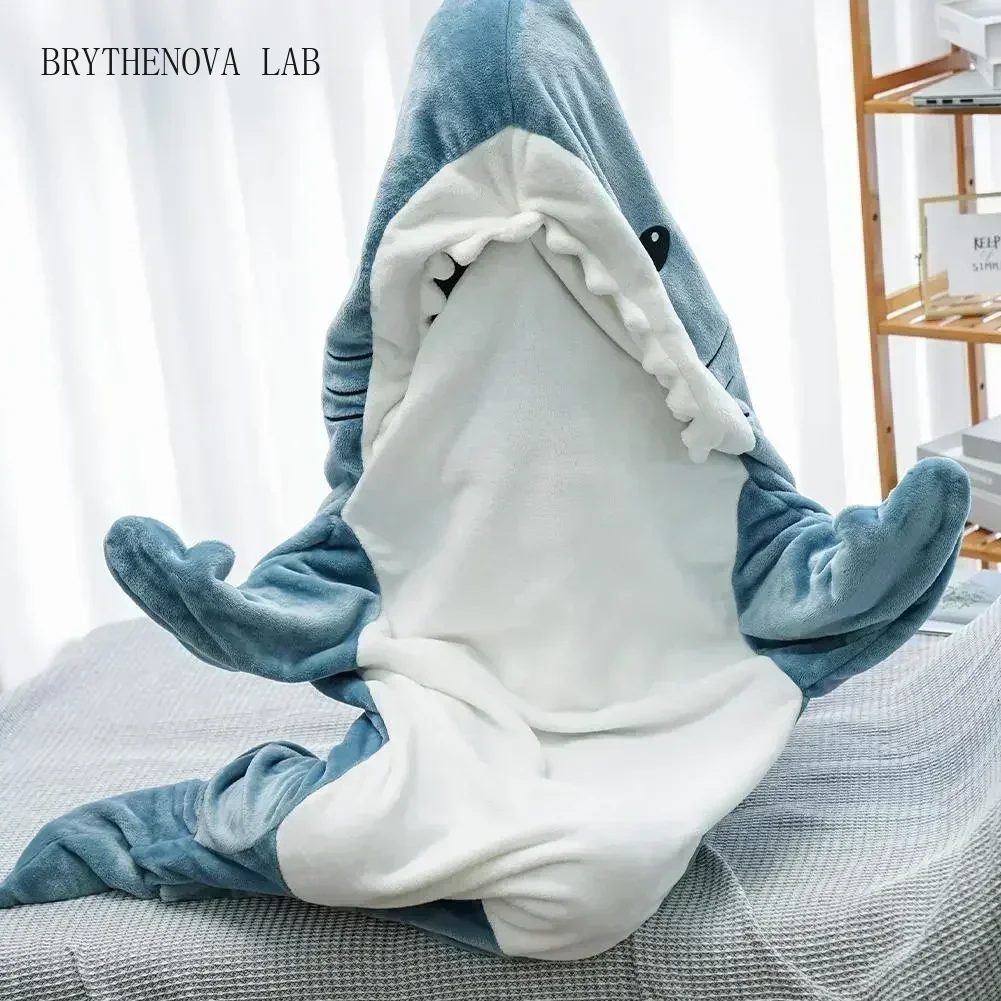 Cartoon Shark Blanket Hoodie Women Kigurumi Playsuit Kids Parents Hooded Flannel Warm Funny Homewear Shark Onesie Sleeping Bag