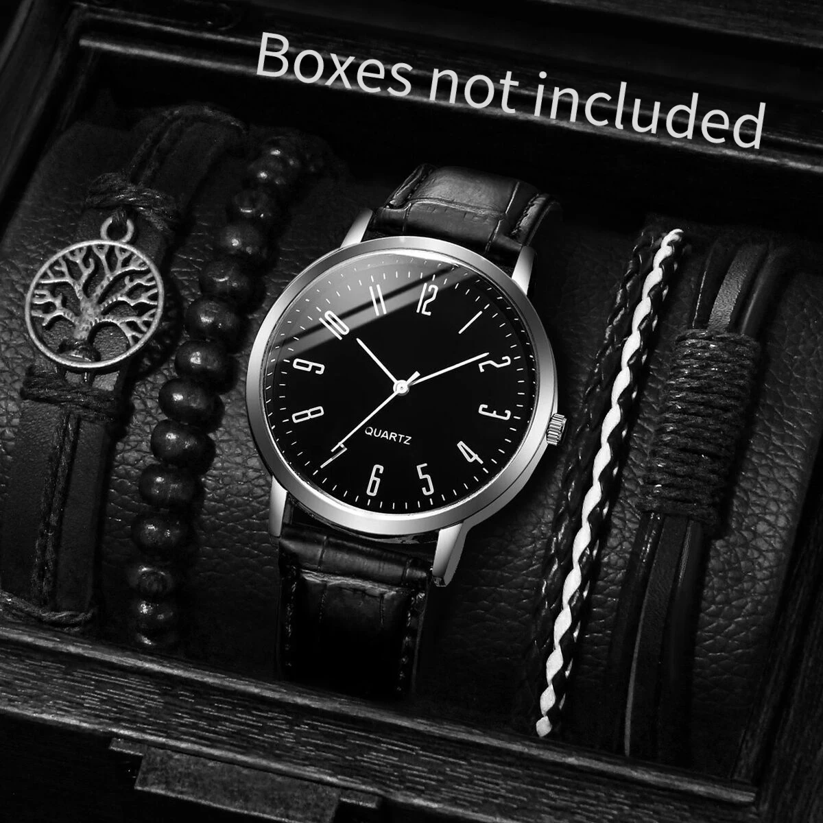 4/5PCS Fashion Men's Watches Bracelets Set Casual Arabic Dial Leather Strap Quartz Wristwatch Reloj Hombre（Without Box）