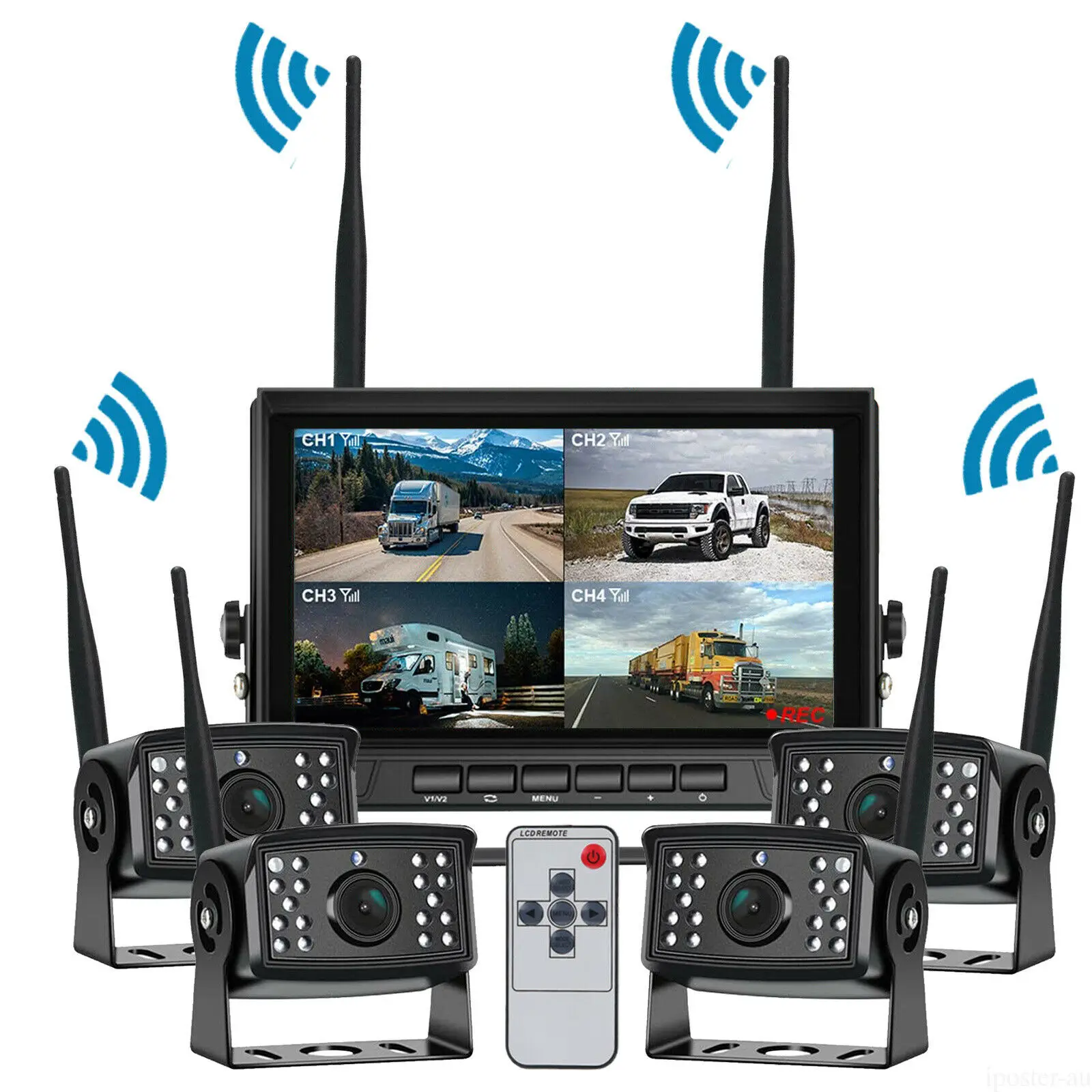 4Pcs Reversing Camera Kit with Digital Wireless 7 inch Monitor Splitscreen DVR 12V 24V QUAD