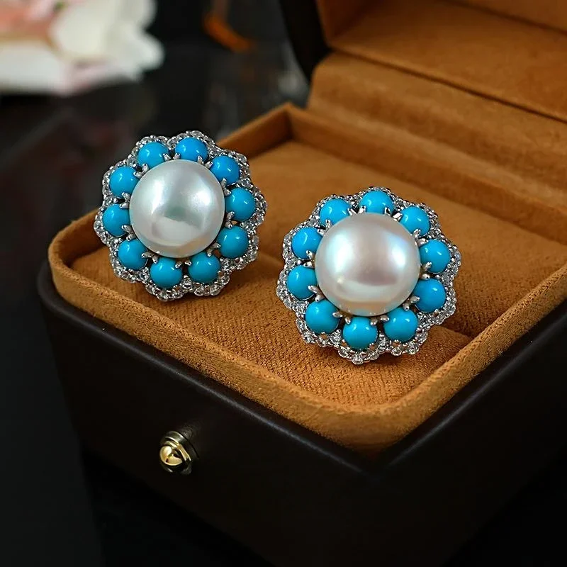 New s925 silver all the way flower vintage vintage style blue turquoise pearl earrings ear studs retro women's wedding jewelry