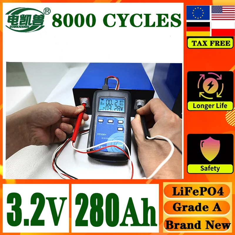 16pcs 280Ah 8000 cycle LiFePO4 3.2V rechargeable battery, suitable for DIY 12V 24V 48V caravan marine solar energy system no tax