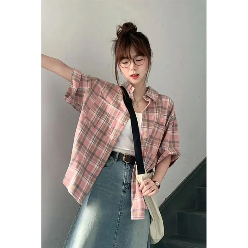 Summer Hot Polo_Neck Plaid Short Sleeved Shirt for Women\'s Loose Slimming Medium Length Fashion Versatile Retro Sweet Coat Top