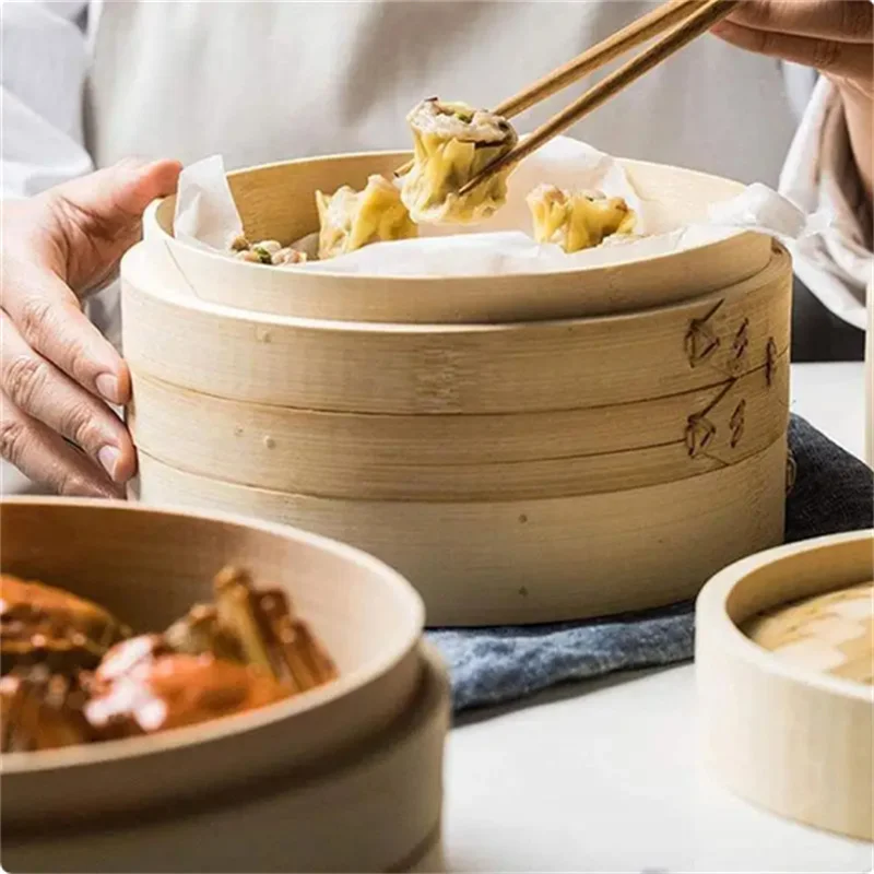 10/13/15cm  Chinese Dumplings Bamboo Steamer Cooker with Lid Dimsum Steamer Fish Rice Vegetable Basket Kitchen Cooking Tools