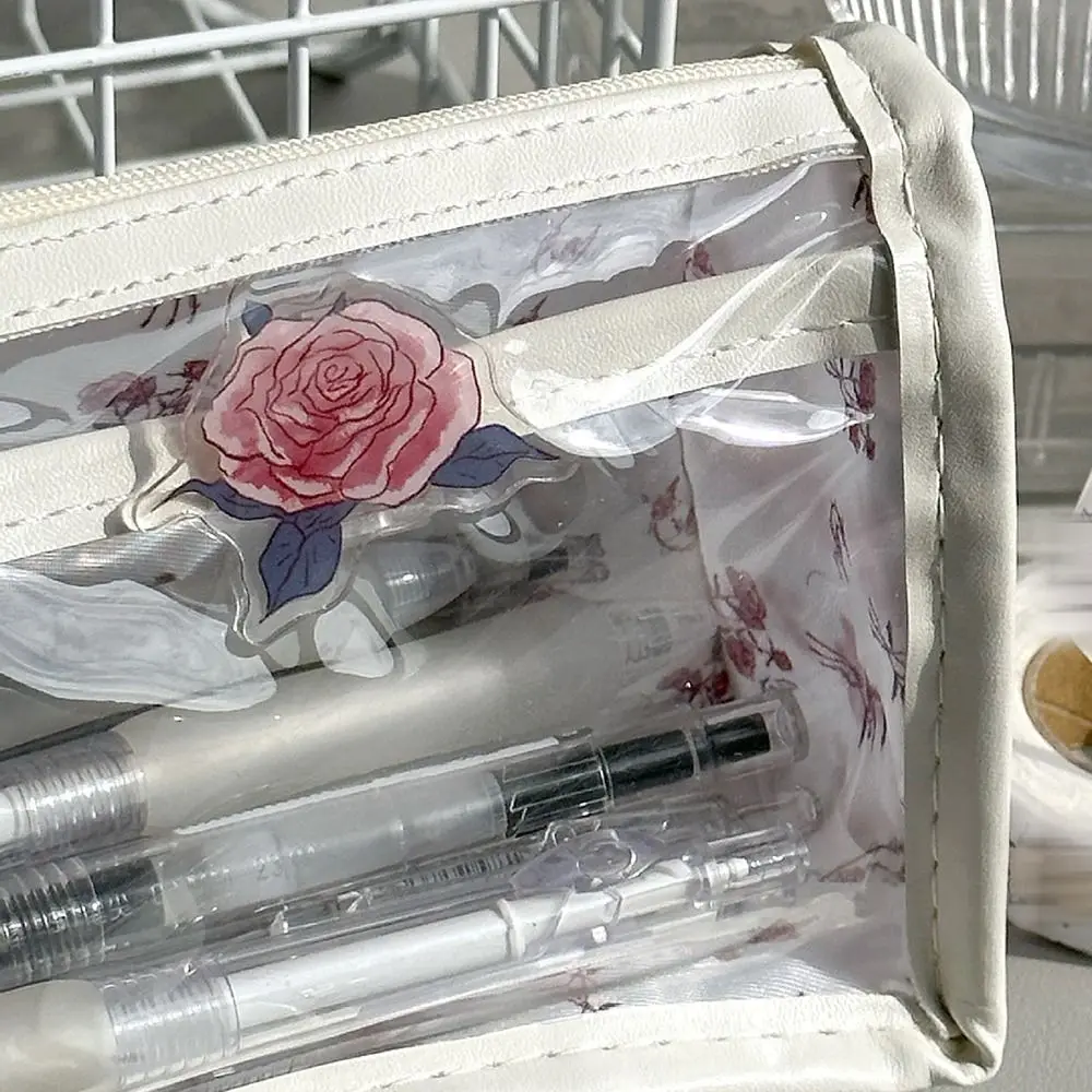 Waterproof Butterfly Floral Print Pen Bag Double Layer Large Capacity Pencil Case Transparent Pen Pouch Gift